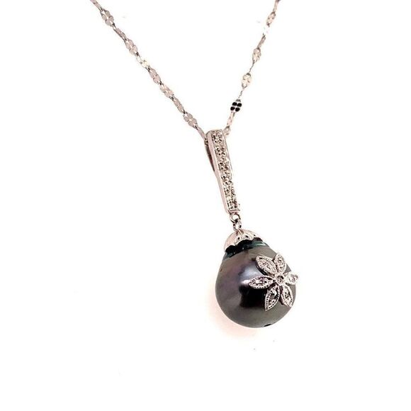 Diamond Tahitian Pearl Necklace 18k Gold 12.60 mm 16" Certified $895 910818 - Picture 2 of 7